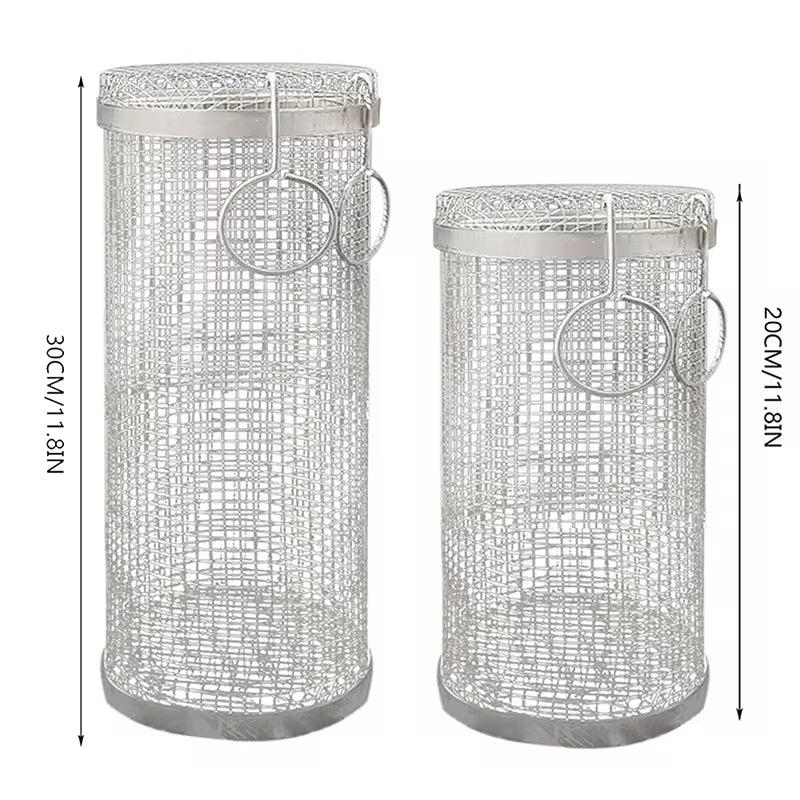 BBQ Basket Stainless Steel Rolling Grilling Basket Wire Mesh Cylinder Grill Basket Portable round Outdoor Camping Barbecue Rack